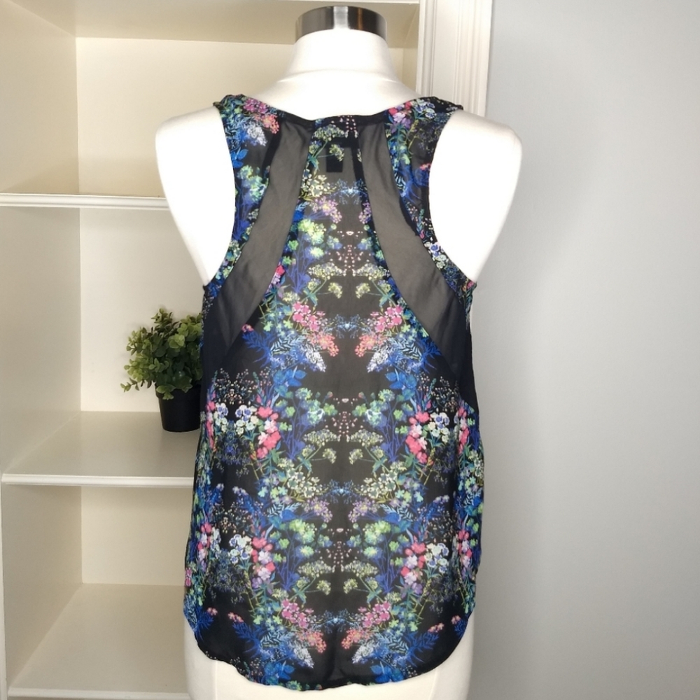Nicole by Nicole Miller Black Floral Racerback Tank Top Sheer Blouse Medium Y2K